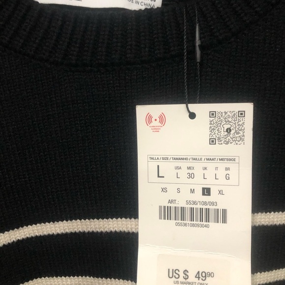 NWT Zara Black and Cream Striped Crew Neck Long Sleeve Knit Sweater Size L - Picture 2 of 6
